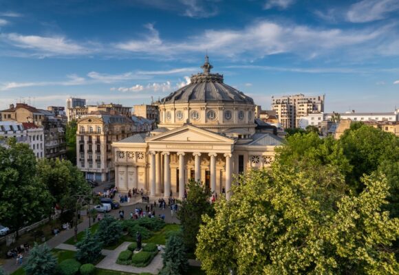 Romanian,Atheneum,In,Bucharest,During,A,Summer,Sunset.,Aerial,View bukurest