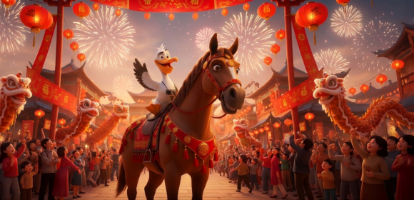 animovany pelikan sediaci na koni